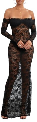 CocMouse Robe de femme vintage Y2k en dentelle maxi à manches longues, épaules dénudées, transparente en maille, robe moulante pour soirée, robe longue transparente pour club, Noir , L