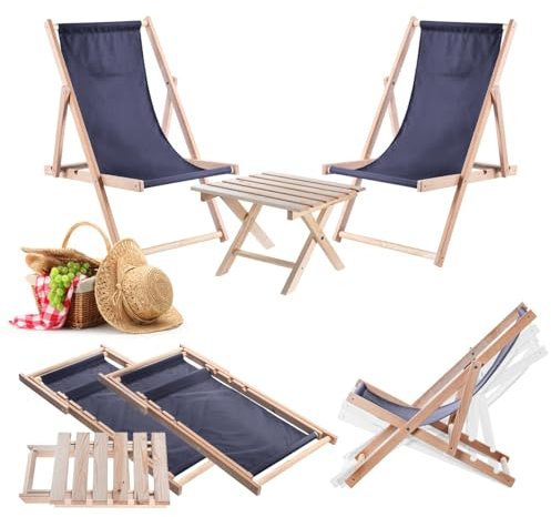 KADAX Klapptisch mit 2 Liegestühlen, Kleiner Gartentisch aus Holz, Beistelltisch für Balkon und Garten, Kaffeetisch, Balkontisch klappbar (Dunkelblau)