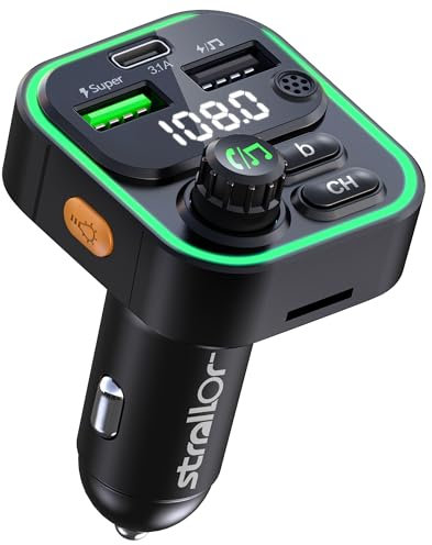 STRALLOR Transmisor FM Bluetooth Coche, Manos Libres para Coche, Adaptador Mechero MP3 con Doble USB Super Carga Rápida 22.5W/4.5A y 3.1A además de Tipo C, Soporte Tarjetas SD, USB, Flash Drive