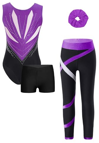 Sinleey Enfant Fille Ensemble Justaucorps Gymnastique Legging Short Chouchou Tenue Patinage Danse Costume A Violet et noir 11-12 ans