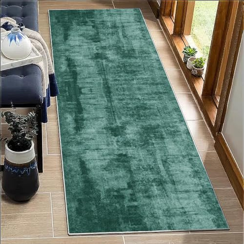 BORKOY Teppich Läufer Dunkelgrün Flur Küche 40x200cm Abstrakt rutschfest Waschbar Meterware Anpassbar Korridor Schlafzimmer Küche Wohnzimmer Innen Küchenläufer Polyester Lang Eingangsbereich