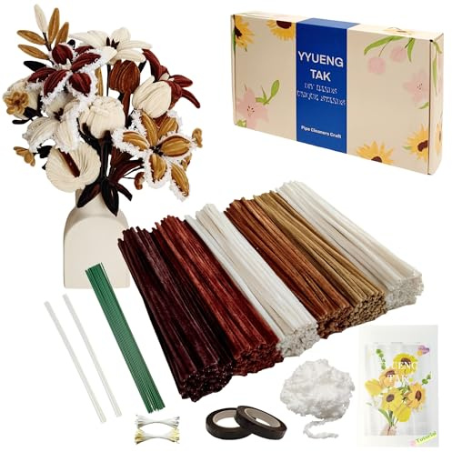 YYUENGTAK 350 Stück Vintage-Braun Pfeifenreiniger Blumen set(Böhmen),Geschenkbox enth Anweisungen,2 Chenille Wolle zum pfeifenputzer Blumen,Blumendraht,Staubblatt,Klebeband,Blumen Basteln & Diy