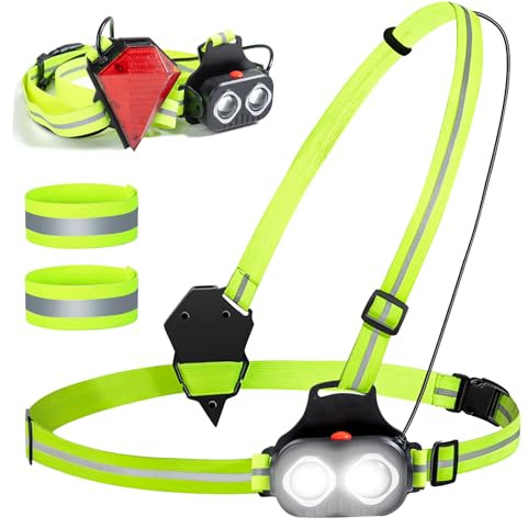 PORFOYO Luce corsa corsa jogging con luce posteriore, 350 lumen, lampada da corsa con nastro riflettente, lampada toracica ricaricabile USB, 2 modalità di jogging, cinghia regolabile, per corsa