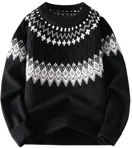 Pull norvégien pour homme avec motif jacquard - Pull classique en tricot avec col rond - Pull d'hiver chaud pour l'automne et les loisirs, Style B01 noir, 3XL
