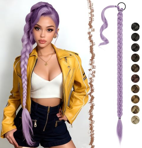 FESHFEN Rumi Violeta Coleta Postiza Trenzada - Larga Liso Coletas Postizas Pelo Natural Envolvente Ponytail Sintético Extensiones de Pelo para Mujeres, 65 cm