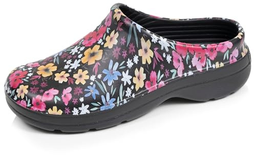 Isotoner Zuecos para mujer para jardinería, cómodos, duraderos y ligeros, europeos, planta negra, Diseño de flores, color negro., 38 EU