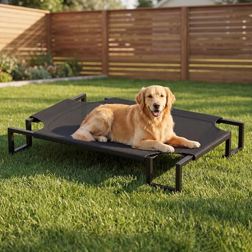 VECOCHO Outdoor Elevated Dog Bed Large Sized Dogs,Raised Dog Cots,Black | Portable Cooling Dog Cot with Washable Breathable Teslin Mesh,Waterproof Pet Bed for Indoor&Outdoor,No-Slip Feet,110×76×21cm