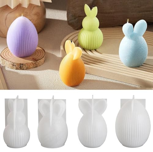 4 Stück Silikonformen Gießformen Ostern, 3D Osterhase Kerzenformen, Gestreifte Kaninchen Schokoladenform Bonbonform, Kaninchen Osterei Gießformen für DIY Kerzen Seife Schokolade Osterdekoration