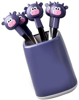 Aramox Ensemble de 6 Fourchettes à Fruits en Acier Inoxydable, Pics à Nourriture pour Enfants avec Poignées de Veau de Dessin animé et Base de Rangement, Petites Fourchettes à Dessert pour Boîte à