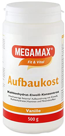 MEGAMAX Aufbaukost Vanille 500g- Trinknahrung Ideal zur Kräftigung u. bei Untergewicht. Proteinpulver zur Zubereitung eines fettarmen Kohlenhydrat-Eiweiß-Getränkes für Muskelmasse