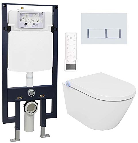 BERNSTEIN - Pack WC japonais + Bâti-support plaque Blanc mat, Toilettes suspendu lavant céramique + télécommande, jet douche, séchoir air chaud, filtre à odeurs, Chasse 180°, 59x38x38cm - Pro+1102