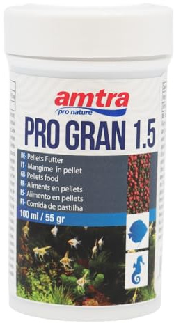 Amtra Pro Gran 1.5-100 ml, Mangime completo in granuli da 1.5 mm per pesci d’acqua dolce e marina, a base di farina di vermi, alghe e pesce