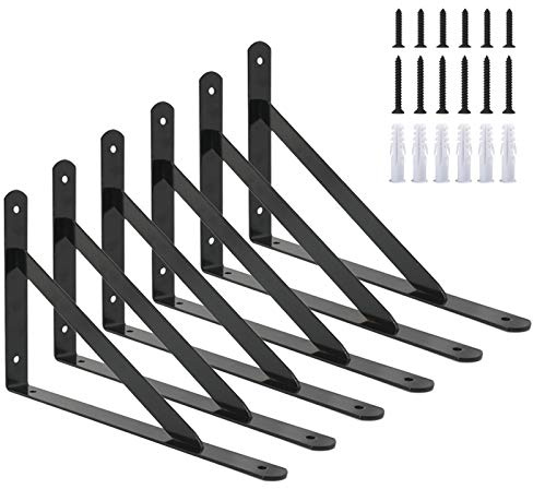 Ouvin Black Shelf Brackets Heavy Duty with Screws 300mm 6 Pcs | 12 Board Compatible, Triangle Design, Space Saving, 66lb, Right Angle, with Screws, Durable, for Living Room Kitchen Garage