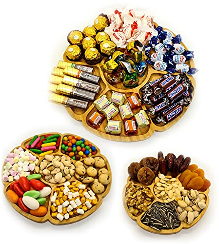 Soz ® – Bambusteller 3er Set rund – 1,5 cm tief - nachhaltige Snackteller mit Fächern – Deko-Holz-Tablett – Servier-Platte – Portions-Vorspeisenteller (rund)