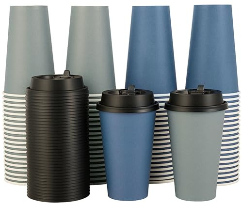 LITOPAK 100 Pack 16 oz Disposable Paper Coffee Cups with Lids for Coffee, Water, Juice, or Tea, Blue and Gray Hot Paper Cups for Home, Restaurant, Store, and Cafe