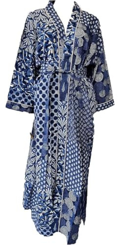 Cotton Kimono Robe for Women – Soft Lightweight Bohemian Hand Block Floral Printed Bathrobe with Belt, Loungewear, Spa & Resort Wear, Beach Cover Up, Comfortable Nightwear Dressing Gown - Blue