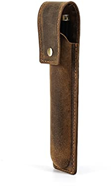 Hiram Custodia protettiva in pelle per penne stilografiche, portatile, in vera pelle, marrone, Per 1 penna, stile vintage