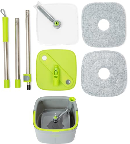 Easy Gleam 360 Spin Mop and Bucket Set - Microfiber Mop with Spin Wringer - Telescopic Mop Handle and Bucket with 2 Reusable Pads - Lightweight and Durable for All Floor Types - Dark Green-Spin