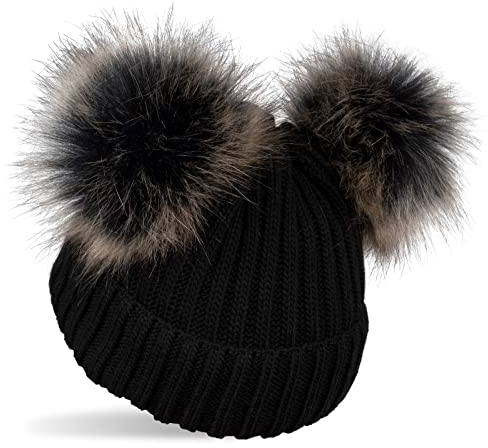 styleBREAKER Kinder Strick Bommelmütze mit 2 Kunstfellbommel und Fleece Futter, Winter Mütze, Strickmütze, 2-5 Jahre 04024203, Farbe:Schwarz