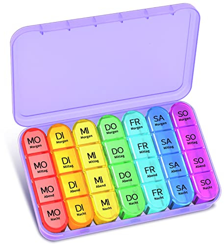 Betife Tablettenbox 7 Tage 4 Fächer Morgens Mittags Abends Nachts | BPA-Frei Pillendose Groß für Unterwegs | Medikamentenbox Wochenbox (Lila)