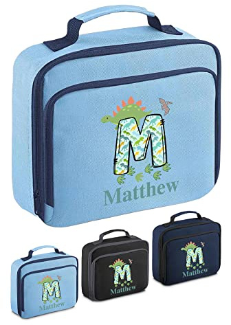 Personalised Lunch Bag Childrens Toddler Personalised Lunch Boxes for Kids Boys Pack Lunch Bag Insulated School Name Dinosaur Lunchbag (Pale Blue)