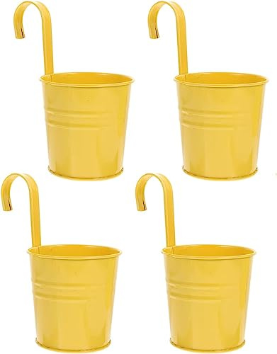 Wensmy 4pcs Metal Hanging Flower Pots With Drainage Hole Balcony Flower Bucket Wall Planter Garden Planters with Detachable Hook for Balcony Fence Decor (Yellow)