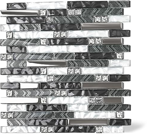 Elephantile Silber-schwarze Glas-Mosaikfliesen, 5 Blatt, 30,5 x 30,5 cm, moderne 3D-Kristallfliesen, Interlace, metallisch strukturierte Glasfliesen für Küche, Backsplash-Kunst, Akzent, Wand,