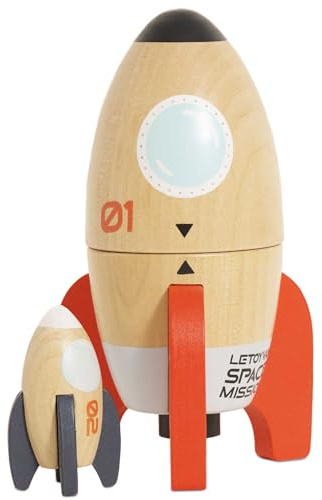 Le Toy Van Gioco educativo razzo spaziale giocattolo in legno per bambini, 2 anni, matrioska, razzo più piccolo all'interno, apertura magnetica, ecologico, senza plastica, Montessori