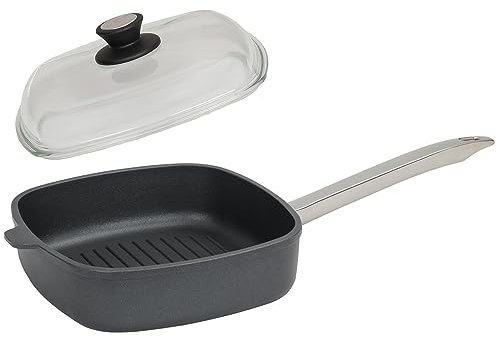 SKK 2-tlg. gerillte Pfanne 26x26 cm - ohne Induktion - eckige beschichtete Aluguss Bratpfanne Stiel aus Edelstahl & Vollglas Deckel - Made in Germany