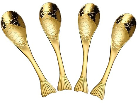 Pokinge 4Pcs Golden Fish Shape Spoons Stainless Steel Creative Soup Spoon Drink Mixing Serving Dessert Spoons Cutlery Kitchen Supplies Tableware For Stirring