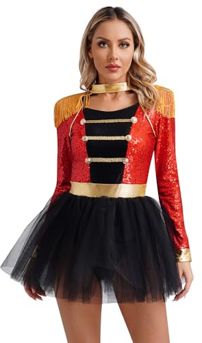 Alvivi Damen Zirkus Kostüm Zirkusdirektor Uniform Glitzer Langarm Kleid Ringmaster Show Tanzkostüm Weihnachten Karneval Party Outfits