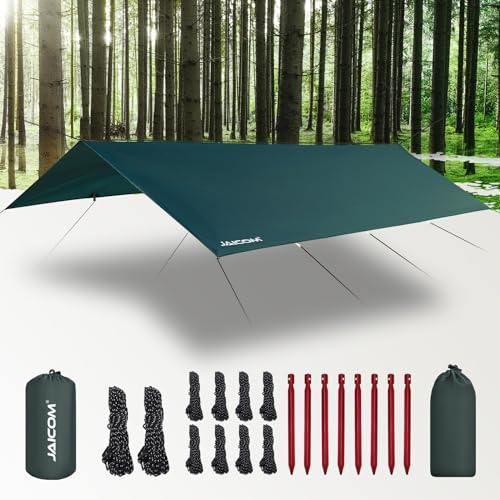 JAICOM Tarp Wasserdicht - 3x3M/4M/5M Camping Zeltplane, Ultraleicht Tragbar | UV-Schutz & Schnee & Regen, Mit Ösen, Nylonseile, Aluminiumstifte, für Hängematten, Outdoor-Aktivitäten, Terrassen, Picknick