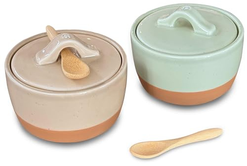 Mora Ceramic Salt and Pepper Cellar Set with Lid - 10 oz Modern Canister/Container/Bowl for Storage, Sea Salt, Spice, Sugar, Countertop - Small Dish/Jar with Wood Spoon, Matcha & Chai Crock
