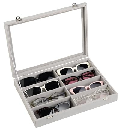 Frebeauty Caja para guardar gafas de sol, bandeja para gafas de sol de 10 ranuras con tapa transparente, unisex(Gris)