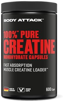 Body Attack 100% Pure Creatin - 600 Kapseln - Made in Germany - hochwertiges mikrofeines Kreatin Monohydrat - Hochdosierte Creatin Kapseln für die praktische Einnahme