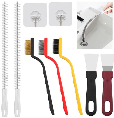 Prebarfun 9 Pcs Cepillo de Limpieza Set, Multifuncional Cepillo Limpieza Hogar y 2 Pcs 45cm Flexible Cepillo de Limpieza de Tuberías, Cepillo Juntas Limpieza Hogar para Esquinas Cocina Baño Ventanas