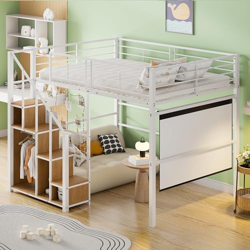 WIZBED Kinderbett Hochbett 140x200cm, Bettgestell Metallbett mit Treppe und Ablagefläche, Stockbett Funktionsbett für Kinder Jugendliche und Erwachsene, ohne Matratze (Weiß, 140x200)