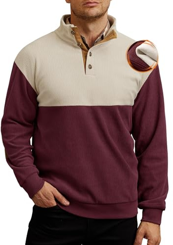 VOGSTART Mens Outdoor Hiking Sweatshirt Texture Patches Shirts Stand Collar Stand Up Collar Quarter Button 1/4 Button Casual Collar Pullover Khaki & Wine M