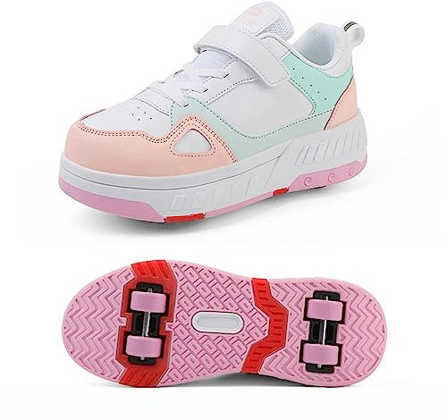 NIKSHI Schuhe Mit Rollen Versenkbarer Technischer Skateboardschuhe Sport Schuhe Kinder Rollschuhe Outdoor Turnschuhe Jungen und Mädchen 4 Rollschuhe,Pink-37EU