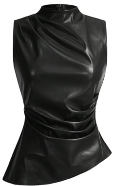 SHENHE Women's Mock Neck PU Leather Pleated Asymmetrical Sleeveless Fitted Dressy Tank Top Black Small