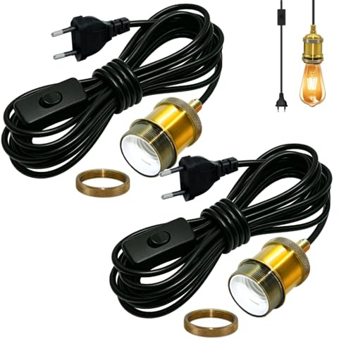 Vintage Hängelampe mit Stecker in Kabel 5M, 2 Stück Retro Pendelleuchte Kit, Industrielle Hängeleuchte mit Schalter,Gold Kupfer E27 Fassung, Schwarz Runden Kabel, für Loft,Terrace,Ohne Glühbirne