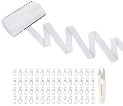 Luxoraiova Gardinenband Kräuselband 30M X 2.7CM Gardinenband zum Aufbügeln Vorhangband zum Aufnähen mit 60 Stücke Vorhanghaken und 1 Stücke Schere Gardinen Zubehör