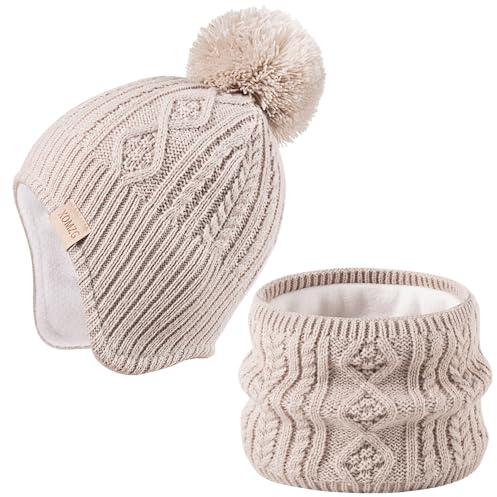 XOMZG Baby Beanie Mütze, Winter Warm Strickmütze und Schal Set mit Pom Pom für Mädchen, Kleinkind Wintermütze(0-36Monate)