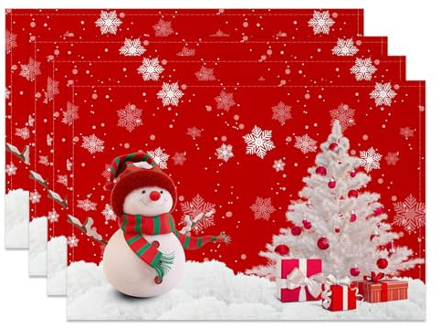 MIRRORANG Juego de 4 manteles Individuales navideños Rojos de 45x30cm, con diseño de muñeco de Nieve, Copo de Nieve y árbol de Navidad, Impermeables, para decoración de Fiestas de Invierno