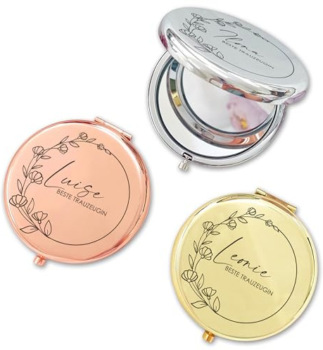 Feenstaub Taschenspiegel mit Gravur, personalisierter Klappspiegel, Schminkspiegel mit Namen, Vergrößerungsspiegel Edelstahl, Trauzeugin Geschenk, Brautjungfer Geschenk, Dankeschön Trauzeugin