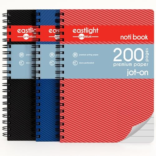 Noti A5 Jot-On Writing Notepad for School, Home and Office, 80gsm Paper Twin Wirebound Notebook 8mm Lines with Side Perforation, Rounded Corner, Pack of 3
