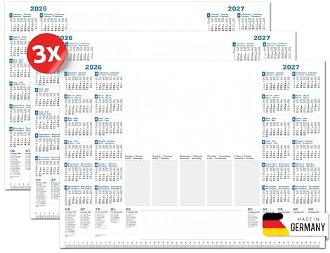 PRIMUS PRINT Schreibtischunterlage Papier DIN A2-2026 & 2027 Jahreskalender - 80g Dickes Naturpapier - Stabiler Papprücken - 25 Blatt - ohne Schutzleiste - Büro und Homeoffice [3er Set]