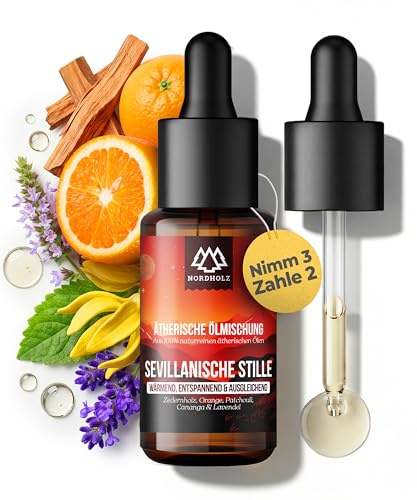 NORDHOLZ® Ätherische Öle [Mischung] Sevillanische Stille 15ml [Naturrein] Sanft & entspannend – In Pharmaqualität naturreinen Ölen – Vegan, Laborgeprüft – Sauna, Diffusor & Aromatherapie
