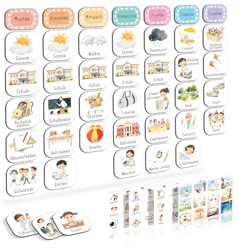 BIROYAL Magnet-Set für Kinder Wochenplaner, 180 Magnete, 3 x 3 cm | Inkl. 108 Magnete & 72 Aufkleber, Routineplaner für Zeitmanagement an Kühlschrank & Magnettafel, für Vorschule & Grundschule