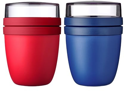 Mepal | Lunchpot Ellipse Mixed | Campus Red + Vivid Blue | Müslibecher to go | Unterteilung für Joghurt & Müsli | 500 ml + 200 ml | Geeignet für Gefrierschrank, Mikrowelle & Spülmaschine